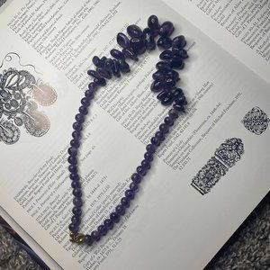 Amethyst gemstone bead necklace purple real stone long strand gold tone clasp